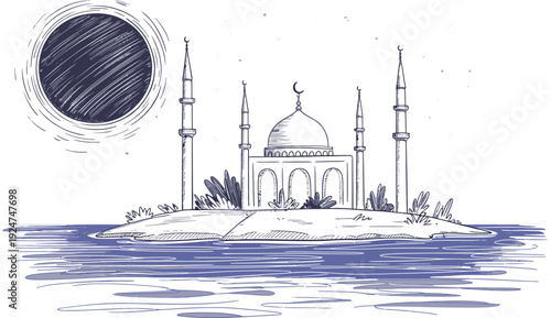 Mosque on Island with Sun Sketch Drawing Islamic Architecture Religious Landmark
