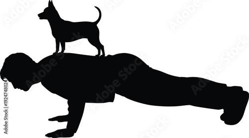 Silhouette, person, push‑up, dog, exercise, fitness, workout, training, pet, playful, strength, health, sport, activity, companionship