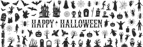 Halloween silhouettes, spooky design, haunted house, bats, ghosts, witches, pumpkins, skeletons, spiders, gravestones, eerie trees, festive decoration, holiday celebration
