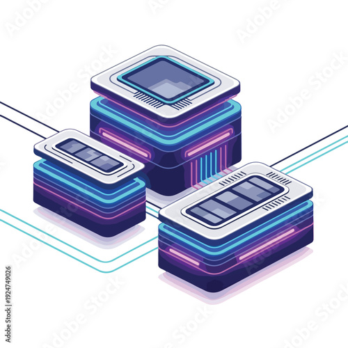 Graphic illustration of RAM modules with neon lights, representing AI Boom Impact on RAM, on a white background with a futuristic feel.