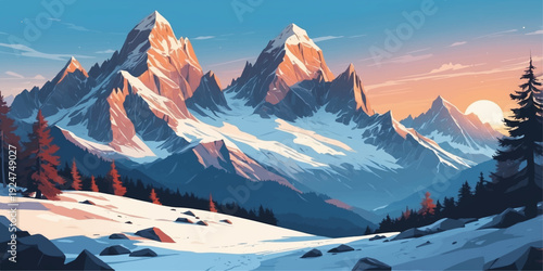 Panoramic winter ski resort in the snowy Austrian Alps under a bright blue sky