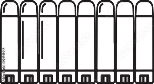 A row of eight empty, clear glass bottles with black caps and labels. Vector