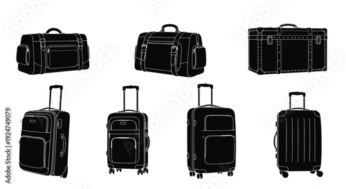 Collection of black and white luggage and travel bags in a linear style