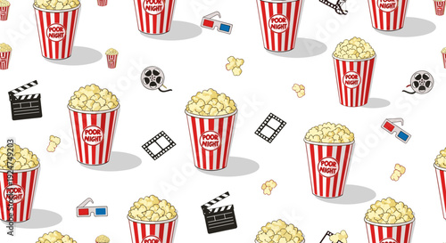 Movie Night Cinema Seamless Pattern with Popcorn and Film Reels, Flat Cartoon Illustration