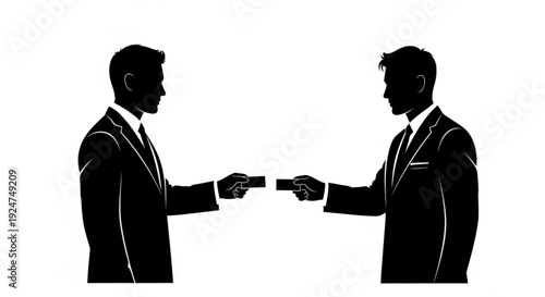 Two businessmen in silhouette exchanging documents