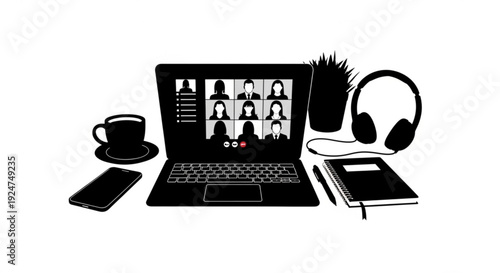 Black and white illustration of laptop with video call on screen and office accessories