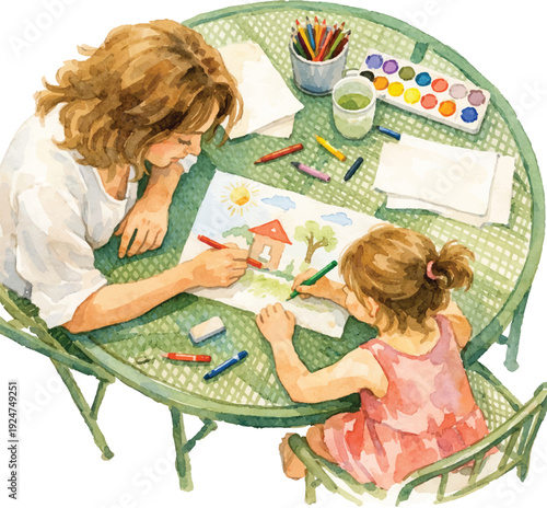 Top-down view of mother and daughter drawing together