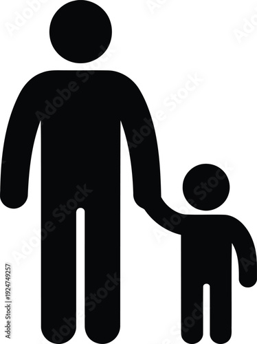 Black silhouette of an adult figure gently holding a childs hand on a plain white background