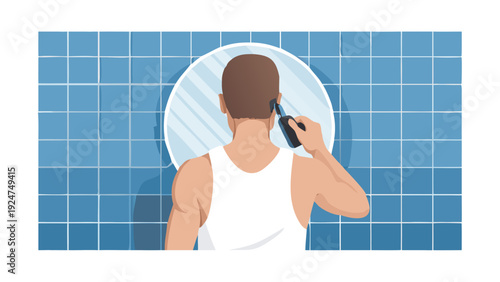 Backview of a breaded guy, holds a oval mirror, shaves his own hair with a white hair clipper in front of a blue tiled wall, Wearing in a white vest, realistic minimalist illustration vector See Less