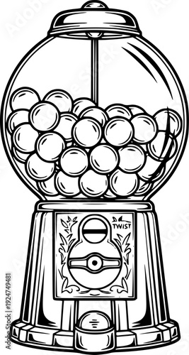 Classic gumball candy machine filled with numerous round sweets in a detailed outline style