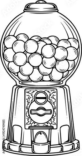 Classic gumball candy machine filled with numerous round sweets in a detailed outline style
