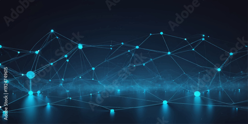 A futuristic blue digital backdrop features a network of fiber optic light spots and motion waves, creating an abstract fractal pattern for a high-tech science and energy wallpaper design