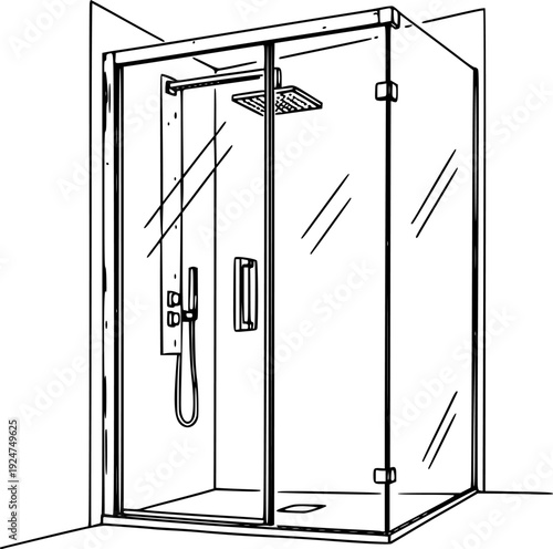 Hand drawn sketch of a modern glass shower cabin with sleek handle, perfect for illustrating bathroom renovation ideas