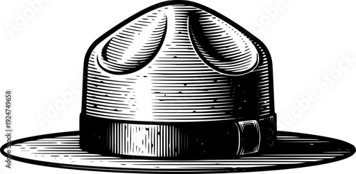Classic ranger campaign hat depicted in a vintage black and white engraving style