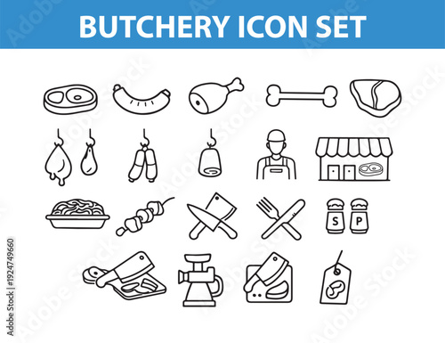Butchery Icon Set Meat, Butcher, Steak, Sausage and Cleaver Line Icons for Food Design