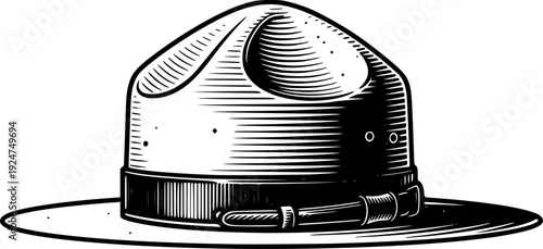 Classic ranger campaign hat depicted in a vintage black and white engraving style