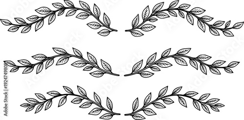 Decorative hand drawn botanical line dividers featuring delicate leaves on a continuous wavy branch