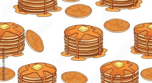 Seamless Pattern of Pancakes with Maple Syrup and Butter, Flat Breakfast Illustration