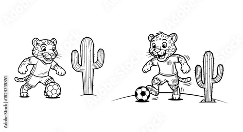 Cute jaguar soccer mascot dribbling ball in desert cartoon coloring page