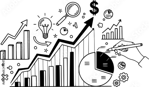 Hand drawn doodle style data analysis and financial growth visualization featuring charts and graphs for business planning presentations and report