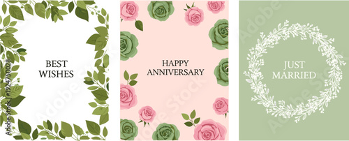Set of Elegant Floral Wedding Cards with Rose and Leaf Frame Flat Illustration Design