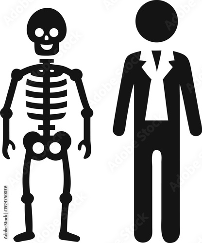 Comparative View of Human Skeleton Anatomy Alongside a Dressed Person Figure