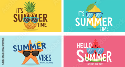 Set of Summer Banners with Pineapple, Lemon, Starfish and Watermelon in Cute Flat Illustration Style