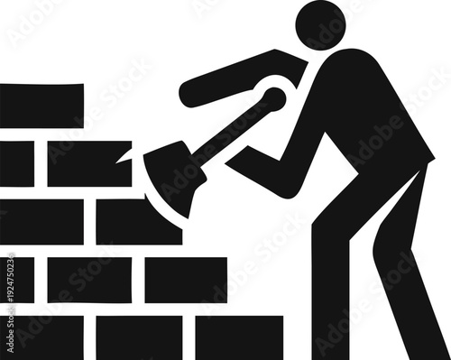 Construction Worker Building a Brick Wall with Trowel Manual Labor and Masonry