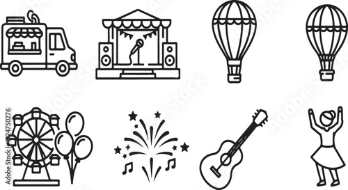 A delightful assortment of icons depicting various forms of entertainment and celebration Vector