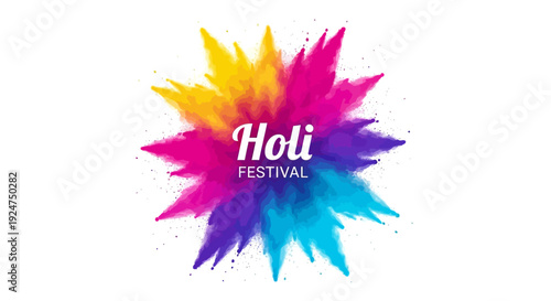Vibrant Holi Festival illustration with colorful powder splashes and 'Holi Festival' text in white on a white background.