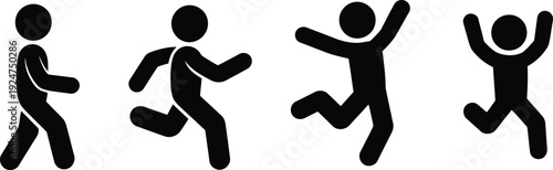 Sequential black stick figures demonstrate walking, running, leaping, and an excited celebration pose