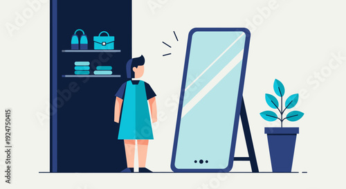 Young woman using a large smart mirror for virtual clothing fitting