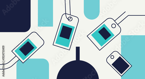 Abstract pattern of floating price tags and product labels