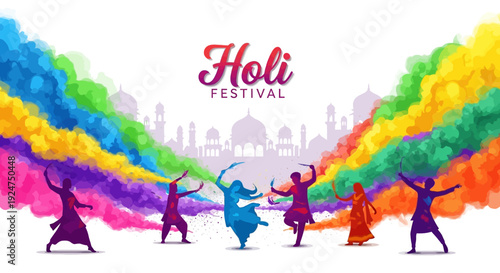 Vibrant illustration of people celebrating Holi Festival with colorful powder in the air, conveying a joyful and lively atmosphere.