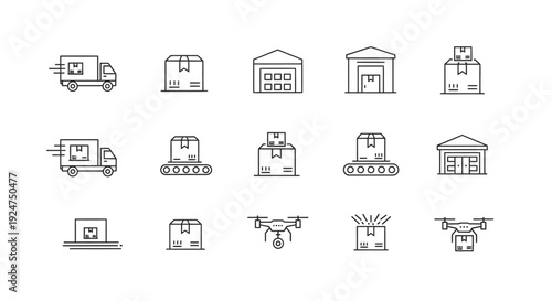 Shipping and parcel delivery process linear icons collection