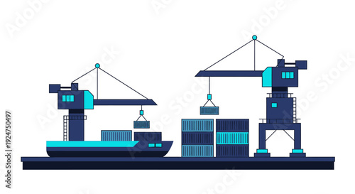 : Industrial cargo port with cranes loading containers onto a ship