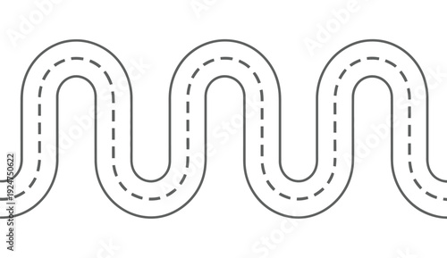 Simple black and white vector illustration graphic design of a winding road or racetrack path with dashed lane markings.