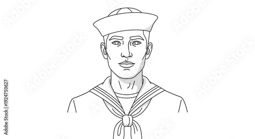 Portrait of a Young Sailor Wearing Traditional Naval Uniform Line Art