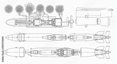 Technical Blueprint of Underwater Torpedo and Engine Parts