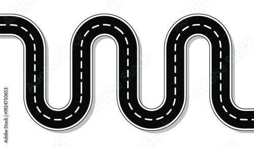 Winding Curved Road Path Illustration, Empty Asphalt Highway Transportation Concept