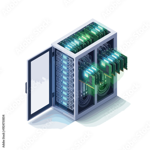Isometric illustration of an open server cabinet with glowing blue and green circuit boards and RAM modules, showcasing AI boom impact on computer hardware.