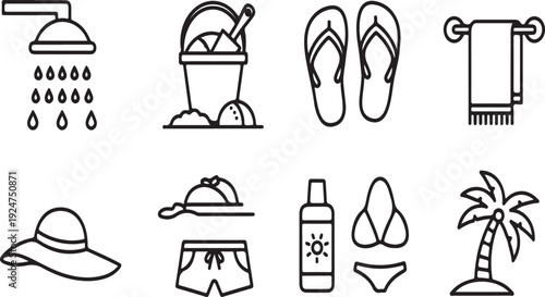 Illustrations of various items commonly used for beach trips and vacations Vector