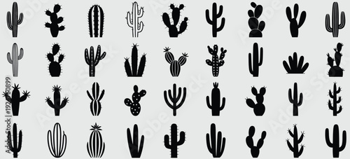 Black Cactus Silhouettes, Diverse Shapes and Sizes, vector illustration set featuring desert plants, prickly pear and saguaro shapes, botanical elements isolated on white background