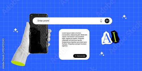 AI search interface on smartphone with result window enter prompt in retro halftone collage style. Artificial intelligence technology banner. Vector illustration