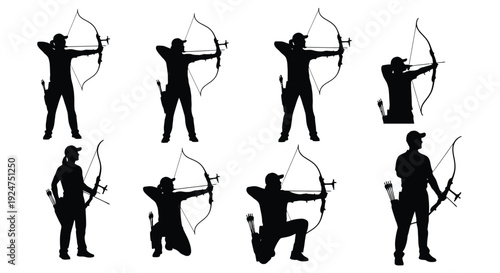 Silhouettes of archers demonstrating various shooting techniques and poses