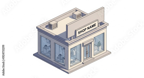 Isometric illustration of a shop with a sign, showcasing architectural design and retail.