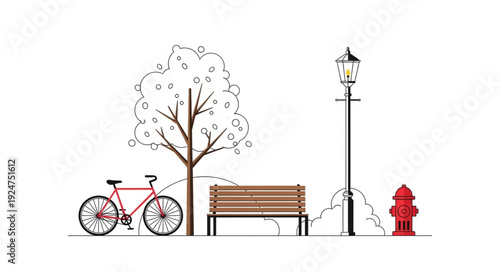 Pink bicycle parked near a wooden bench under a tree and a lamp post.