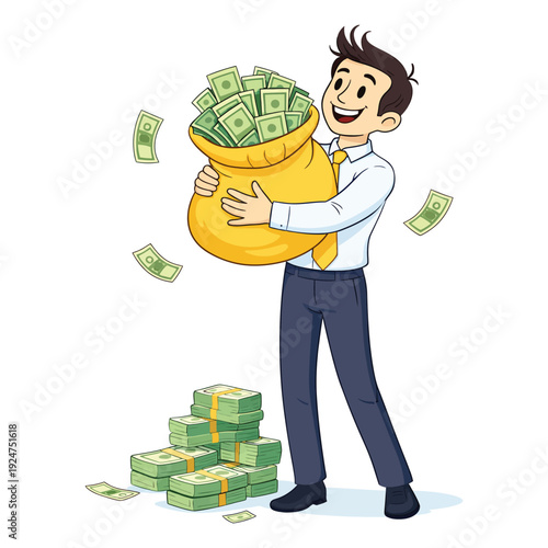 Man joyfully holding a large bag filled with money and stacks of cash around him