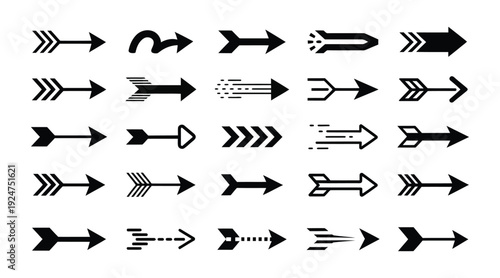 A comprehensive set of black vector graphic arrow designs, featuring different styles, indicating direction, movement, and navigation in various digital illustrations.