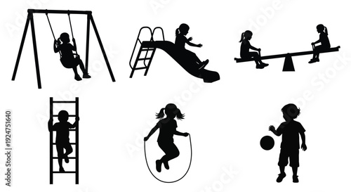 Black silhouettes of children enjoying playground equipment and activities